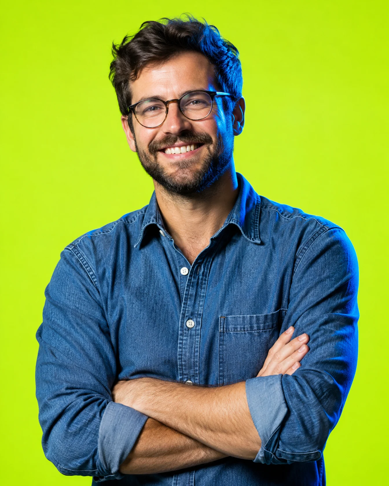 Smiling bearded man in round glasses and a denim shirt, arms crossed, on acid lime