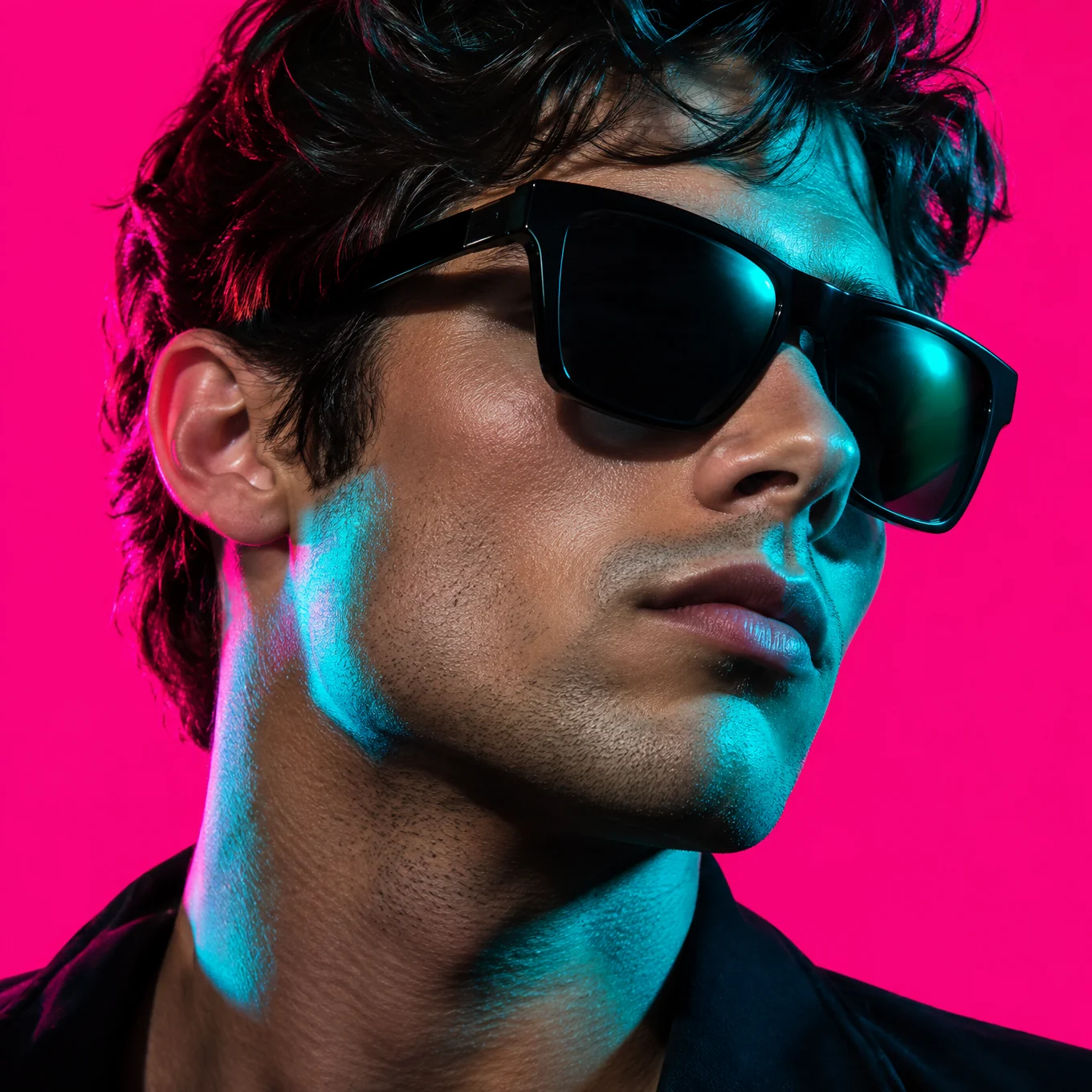 Young man in black sunglasses lit turquoise against hot magenta