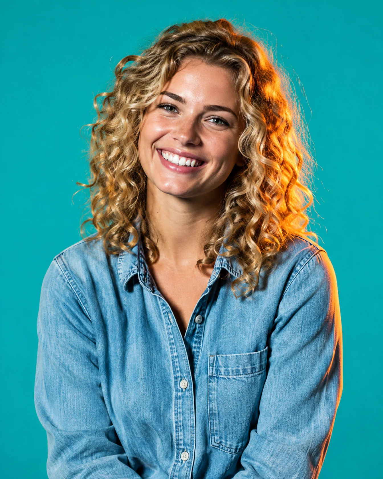 Smiling woman with curly blonde hair in a denim shirt on turquoise