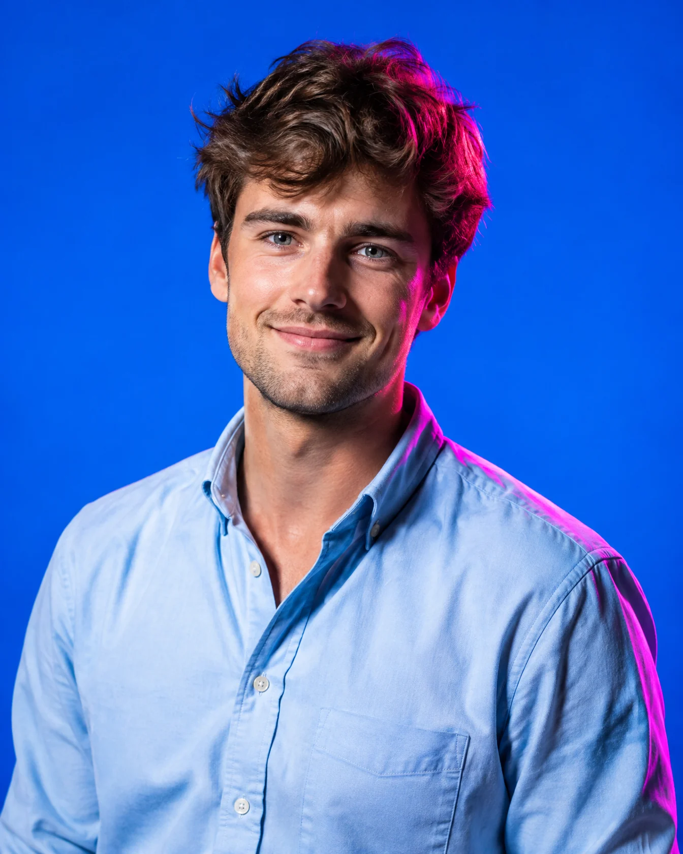 Young man with tousled hair in a light blue shirt on electric blue