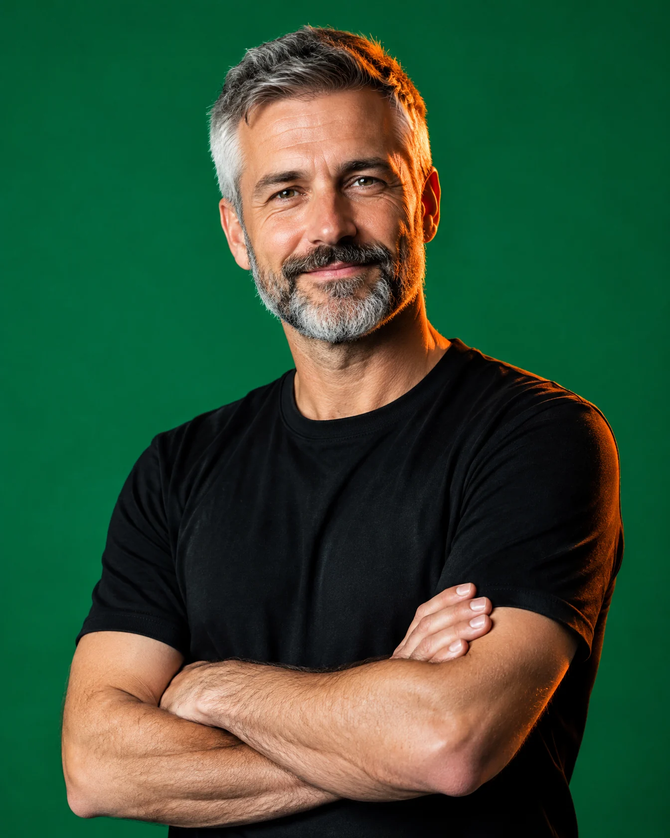 Grey-haired man with a grey beard in a black tee, arms crossed, on emerald green