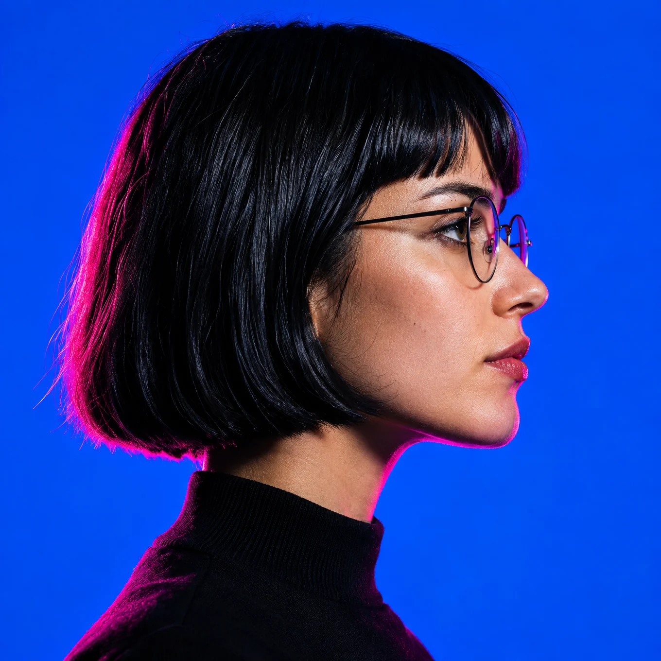 Profile of a woman with a black bob and round glasses on electric blue