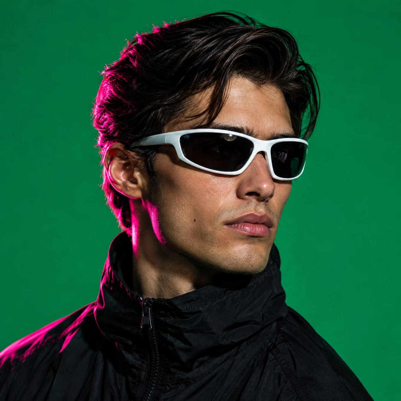 Young man in white sport sunglasses and a black jacket on emerald green