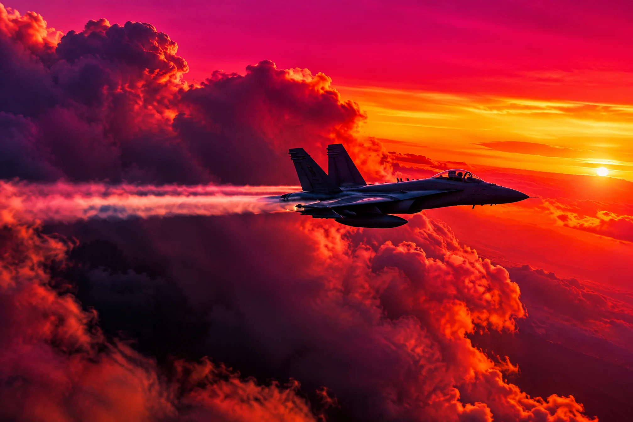 Fighter jet streaking through clouds lit by a magenta and tangerine sunset