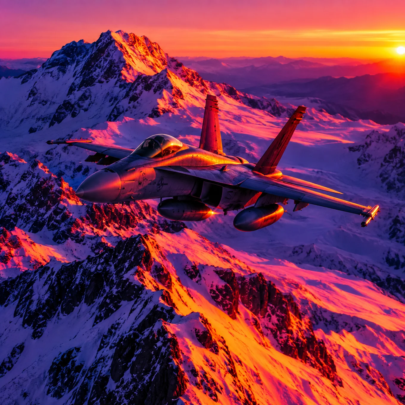 Fighter jet over snowy peaks glowing magenta and tangerine at sunrise
