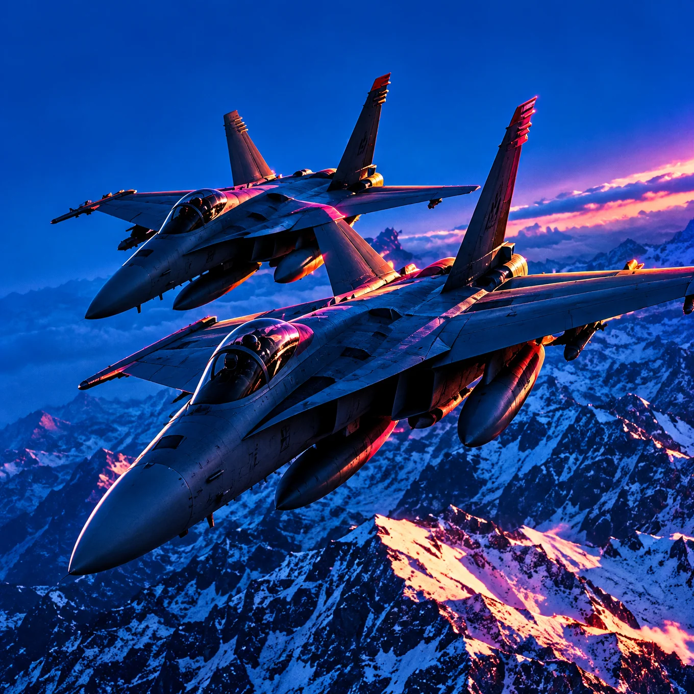 Two fighter jets banking over snowy mountains under an electric blue sky