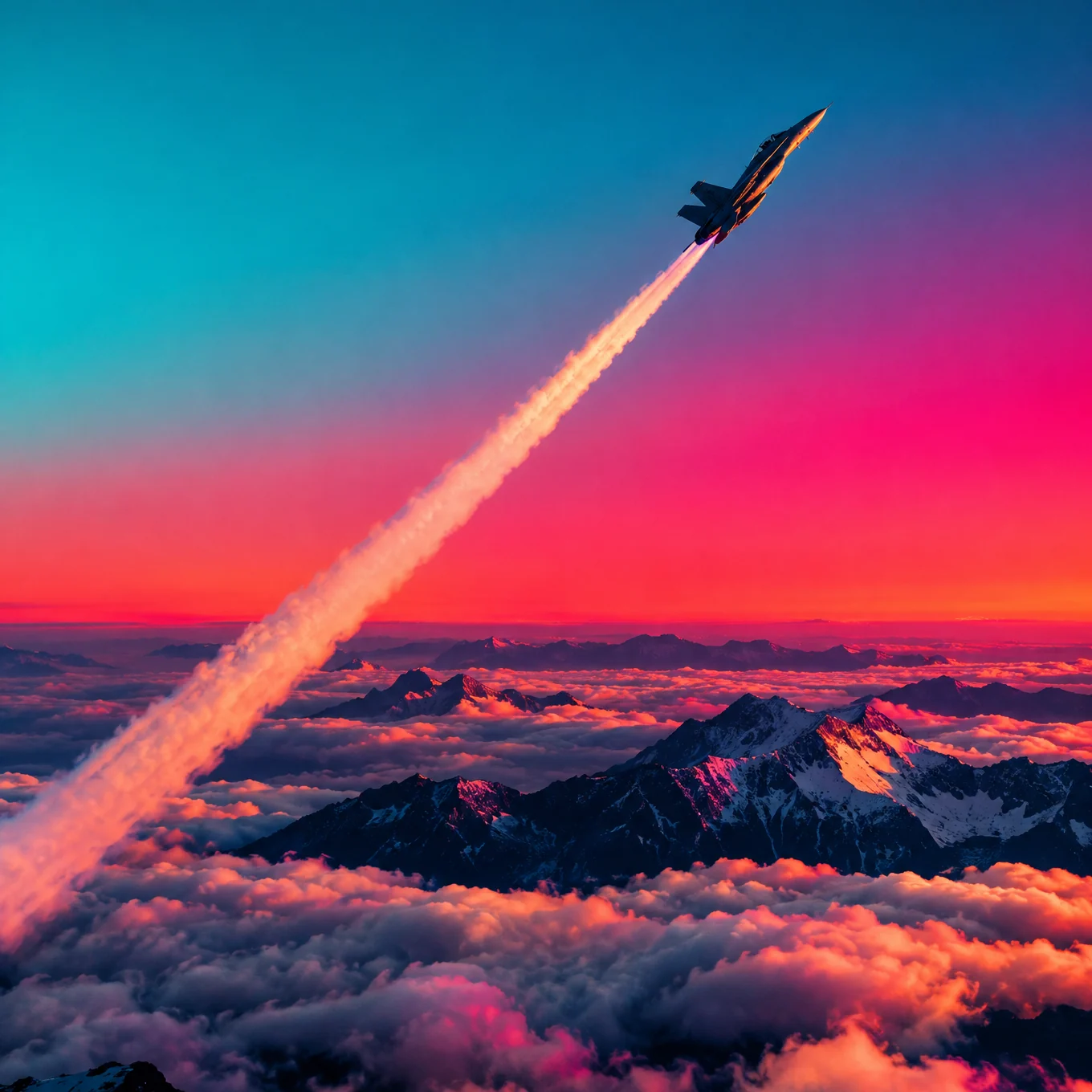 Jet climbing above a sea of clouds under a turquoise-to-magenta sky
