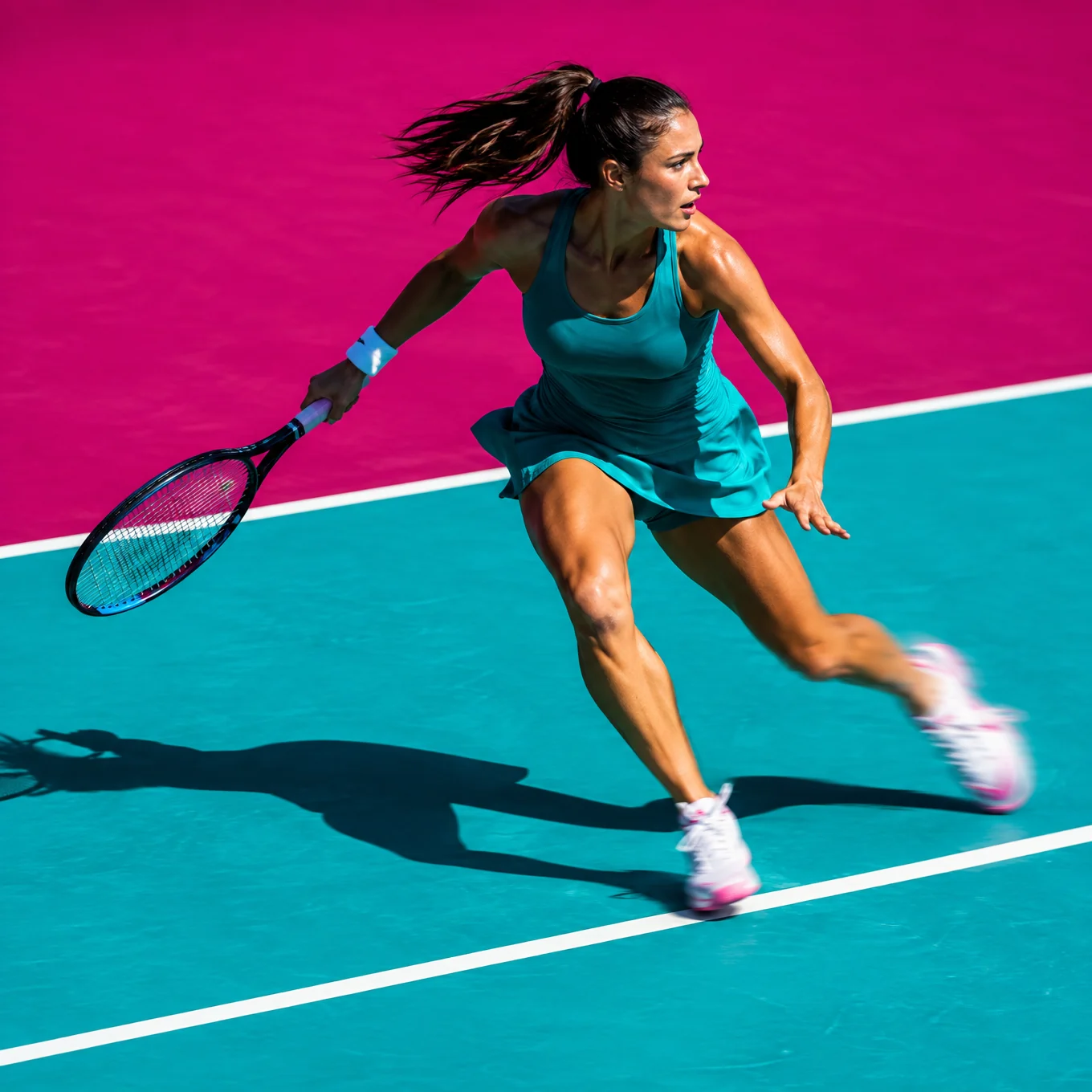 Tennis player sprinting along the baseline of a turquoise court
