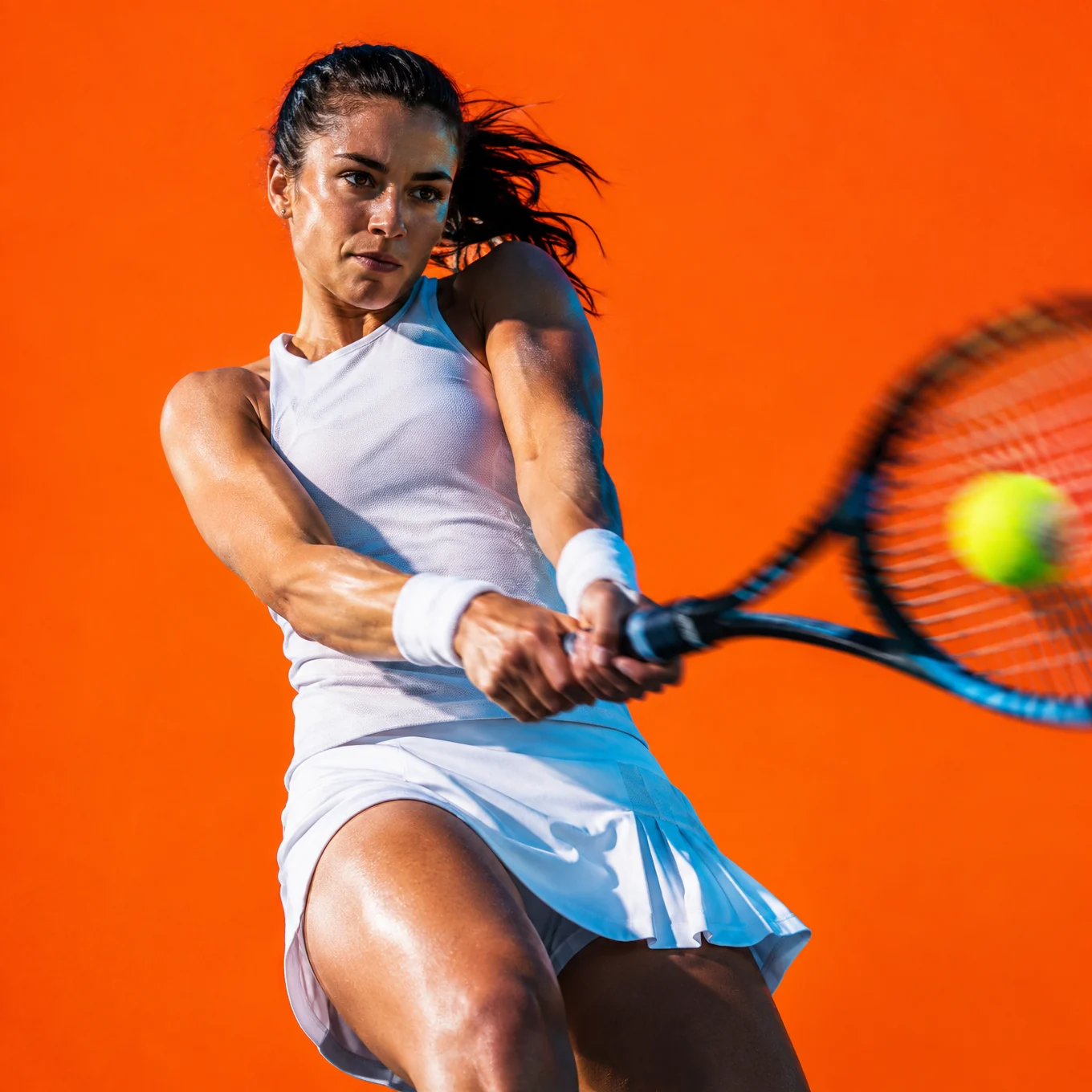 Tennis player hitting a backhand against tangerine orange