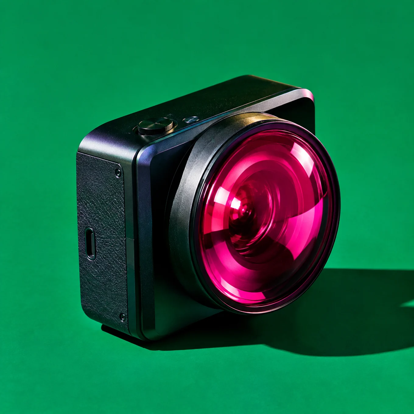 Compact camera with a glossy magenta lens on emerald green