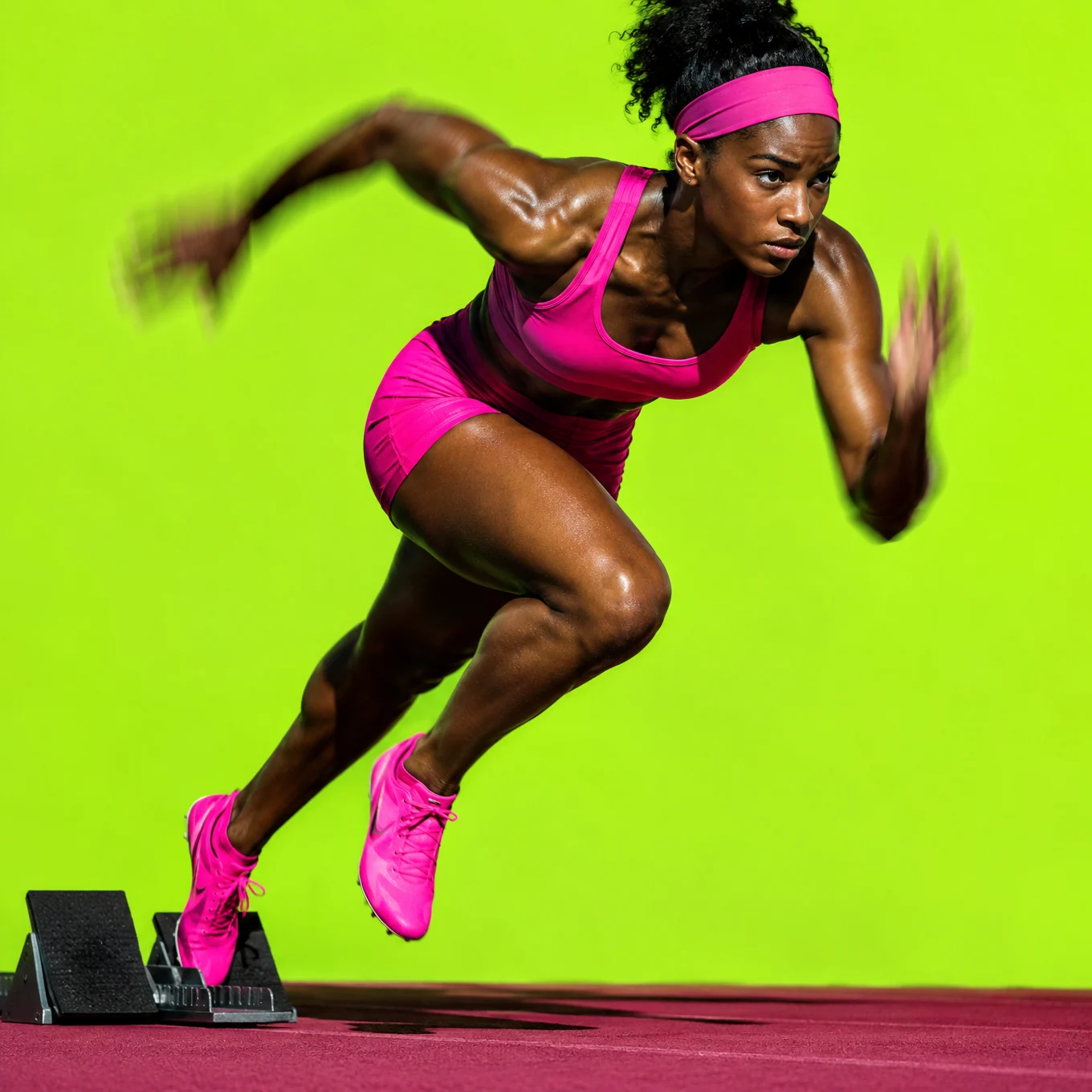 Sprinter in a magenta kit bursting out of the blocks on acid lime