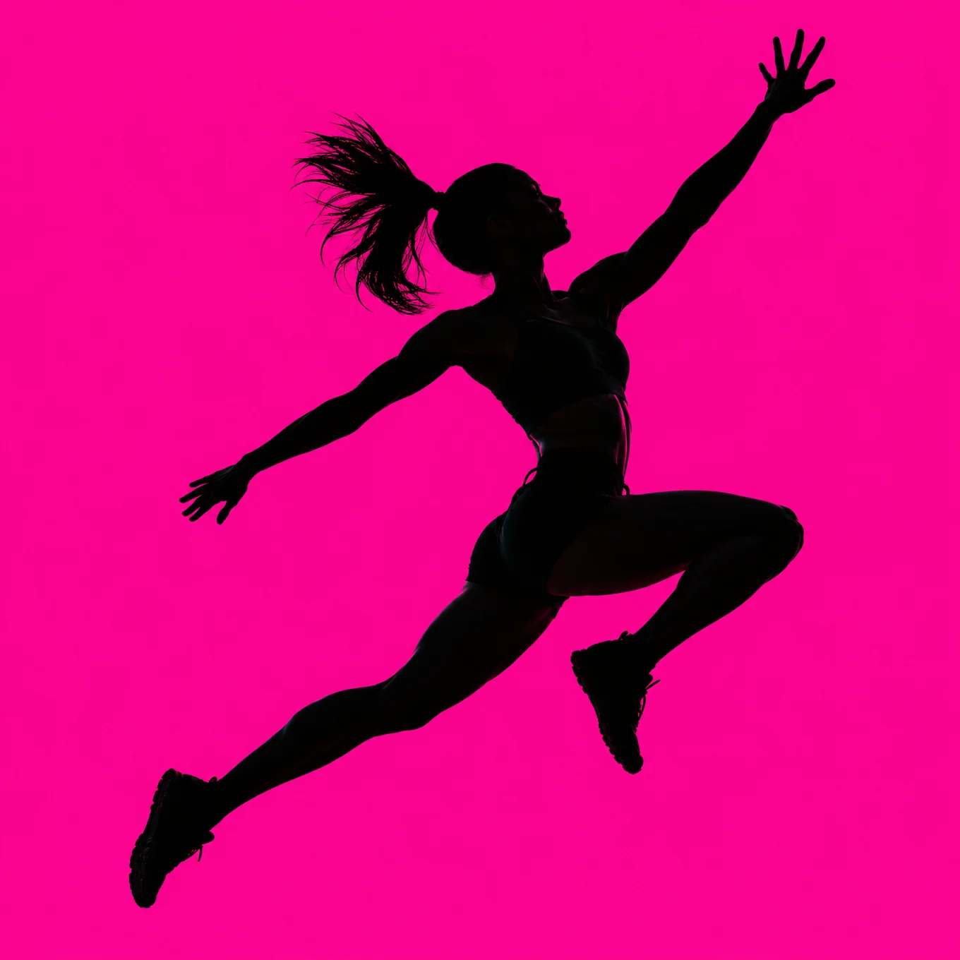 Black silhouette of a leaping athlete on hot magenta
