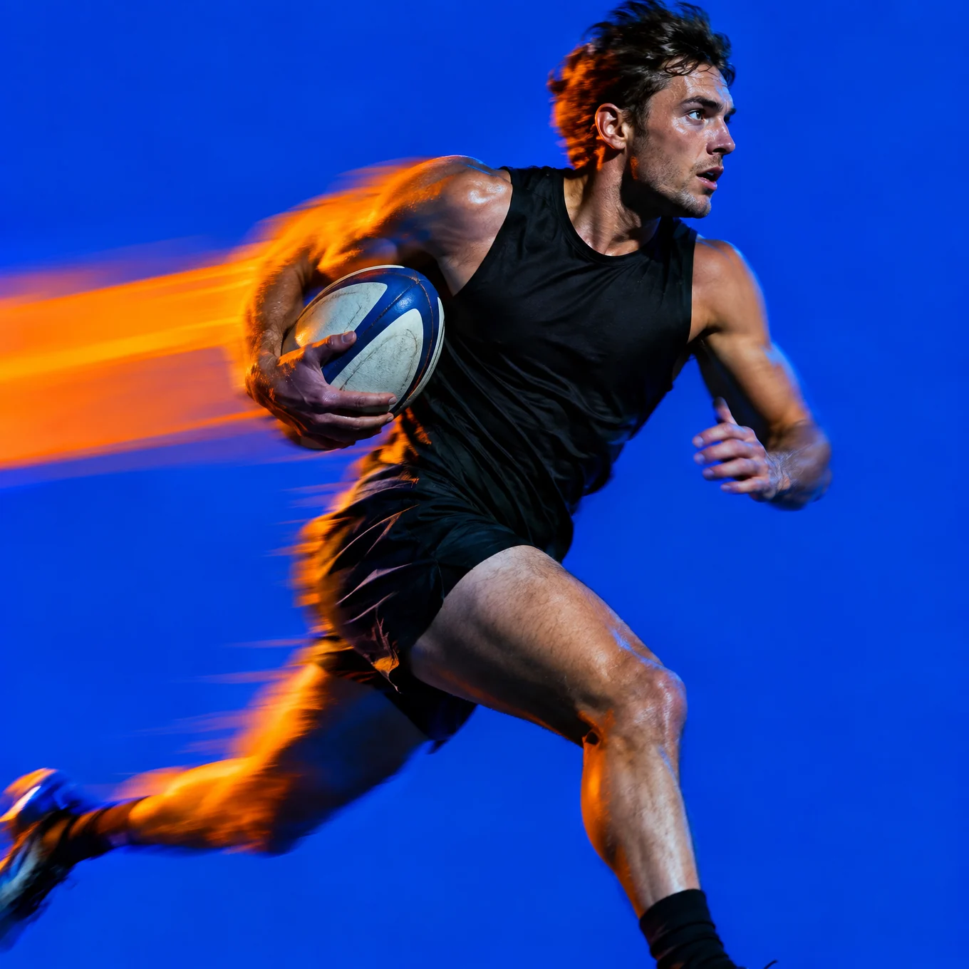 Athlete running with a ball in motion blur against electric blue